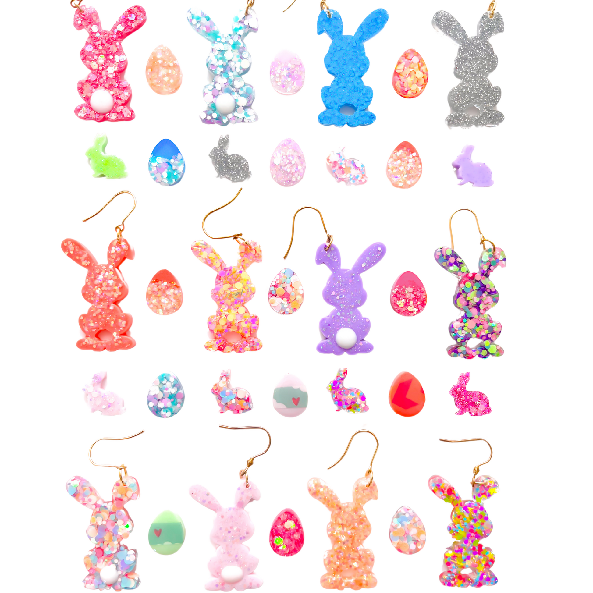 Easter Bunny & Easter Egg earrings in funky glitters and bright colours with Titanium for sensitive ears.