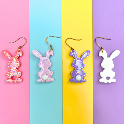 Easter Bunny & Easter Egg earrings in funky glitters and bright colours with Titanium for sensitive ears.