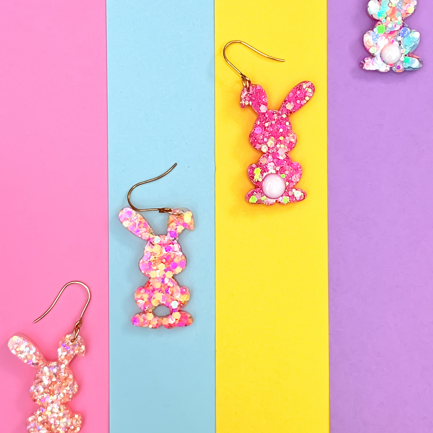 Easter Bunny & Easter Egg earrings in funky glitters and bright colours with Titanium for sensitive ears.