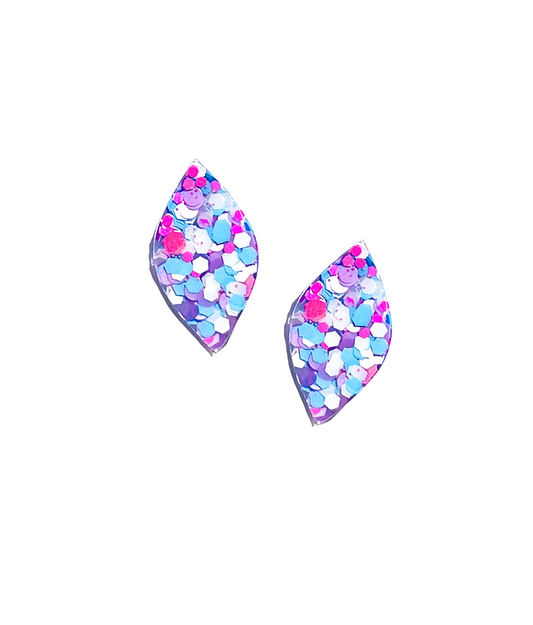 Blue, White & Pink Glitter Resin Leaf Stud Earrings Titanium Post