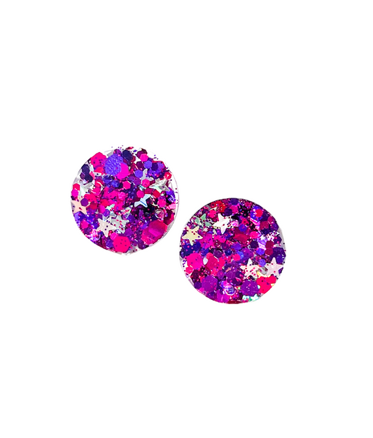 Fuchsia & Silver Glitter Round Resin Stud Earrings Titanium Post