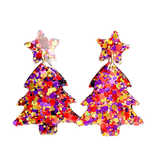 Red, Gold & Purple Glitter Christmas Tree Earrings for Sensitive Ears