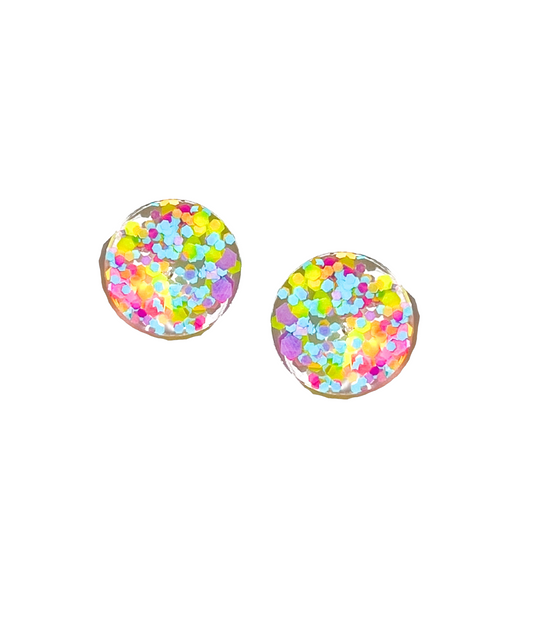 Yellow, Blue & Purple Glitter Round Resin Stud Earrings Titanium Post