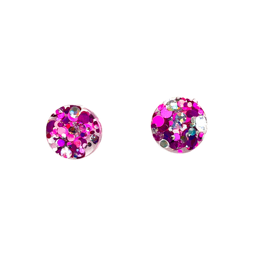 Pink, Purple & White Glitter Resin Round Stud Earrings Titanium Post