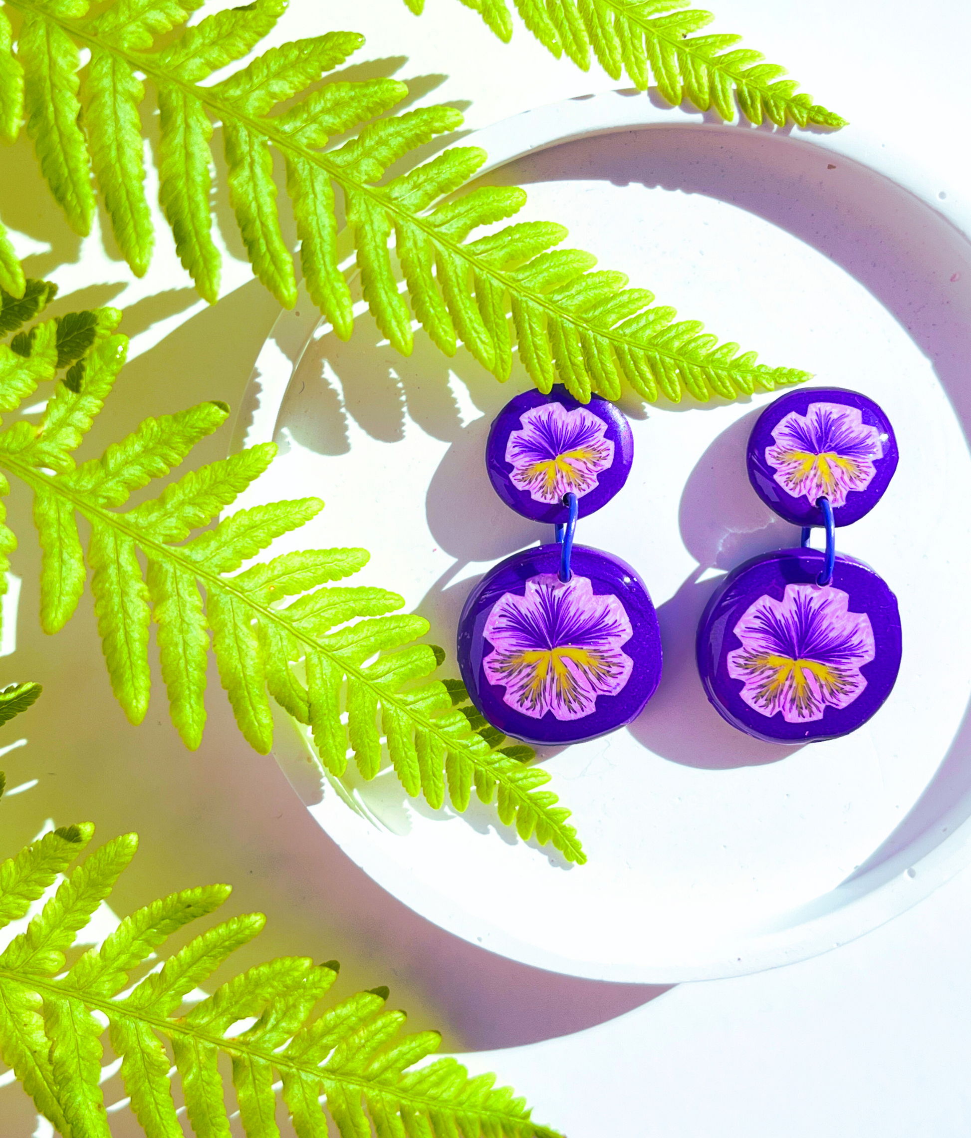 Purple Pansy Floral Clay Earrings Hypoallergenic Drop Titanium Post NZ