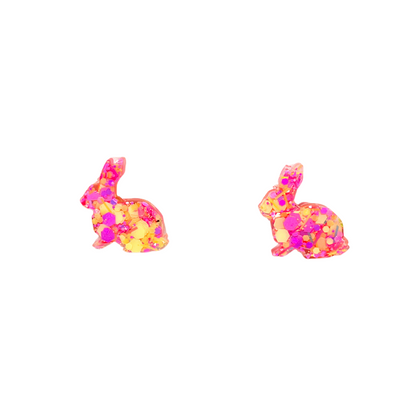 Pink & Yellow Glitter Bunny Stud Earrings with Hypoallergenic Titanium NZ