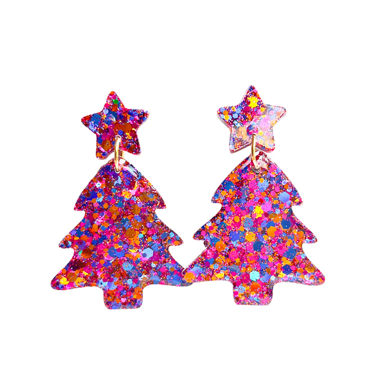 Blue, Pink & Gold Glitter Christmas Tree Earrings for Sensitive Ears