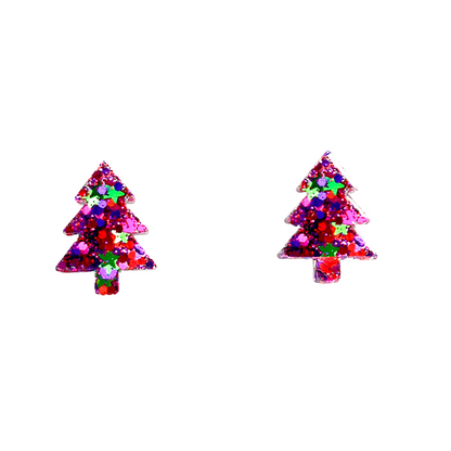 Pink, Gold & Blue Glitter Christmas Tree Stud Earrings for Sensitive Ears