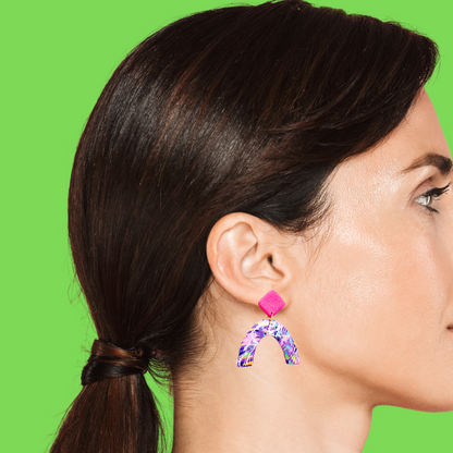 Painted Purple Rainbow Clay Drop Earrings for Sensitive Ears