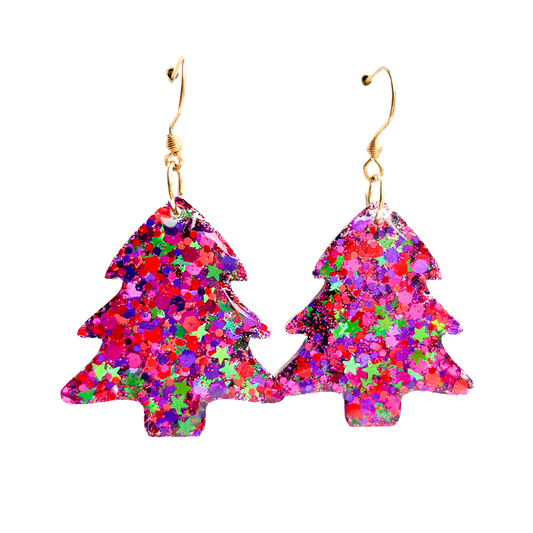 Red, Pink & Green Glitter Christmas Tree Earrings for Sensitive Ears