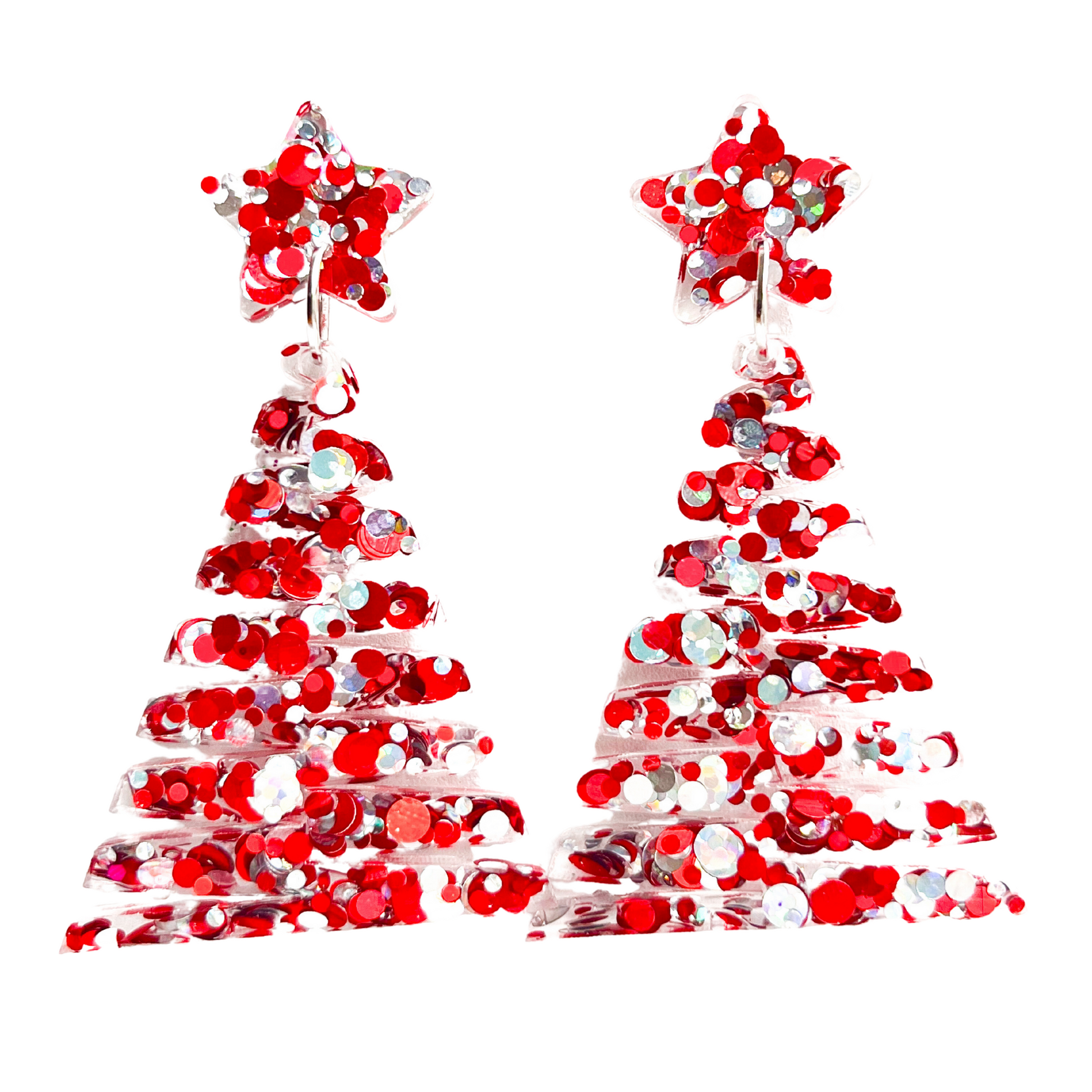 Red & Silver Glitter Christmas Tree Earrings for Sensitive Ears