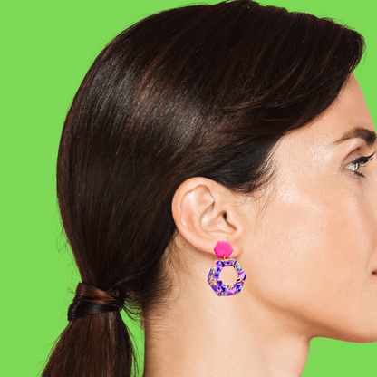 Painted Purple Hexagon Clay Drop Earrings for Sensitive Ears