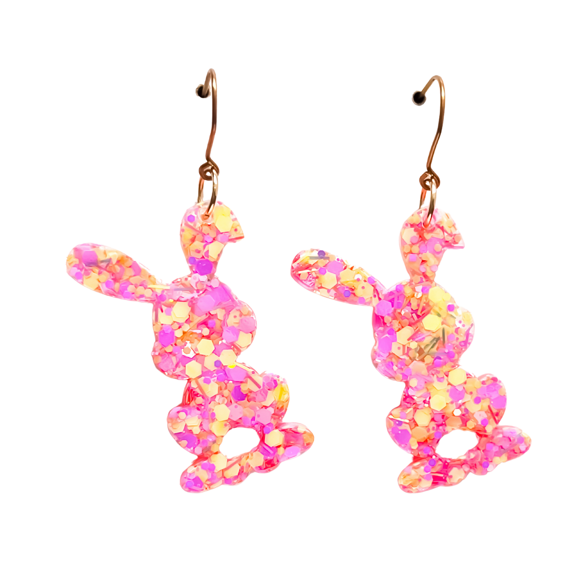 Pink & Yellow Glitter Easer Bunny Earrings with Hypoallergenic Niobium NZ