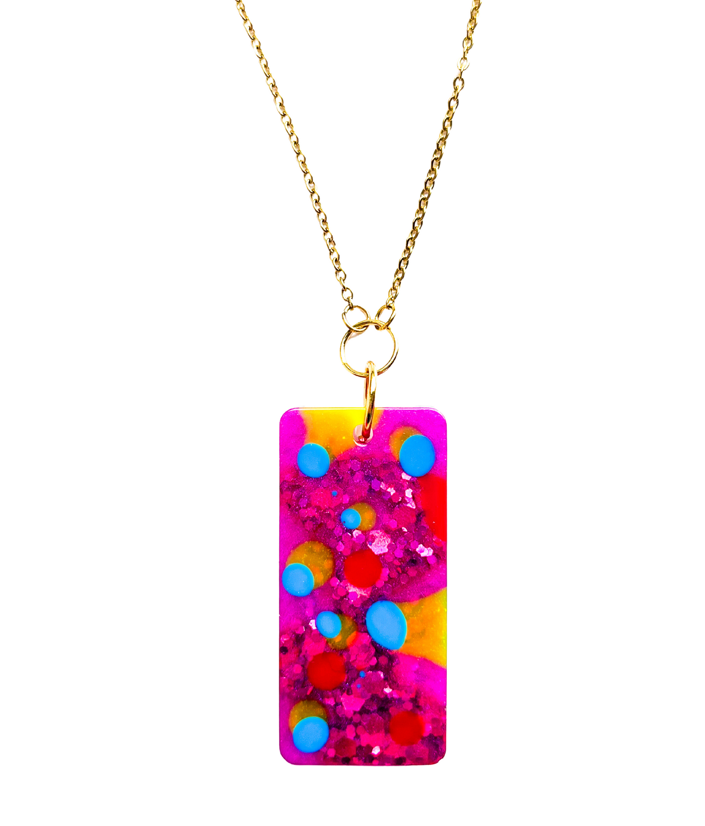 Handmade Statement Pink Blue Yellow Glitter Pendant Gold Chain NZ