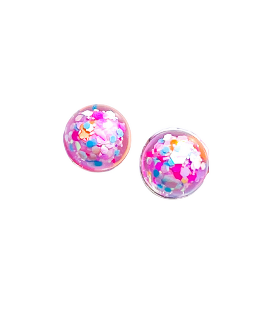 Pink, White & Blue Glitter Resin Sphere Stud Earrings Titanium Post