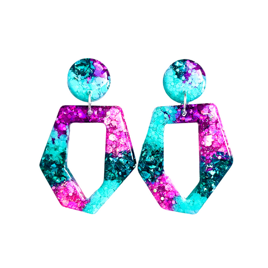 Fuchsia & Turquoise Glitter Diamond Drop Earrings for Sensitive Ears