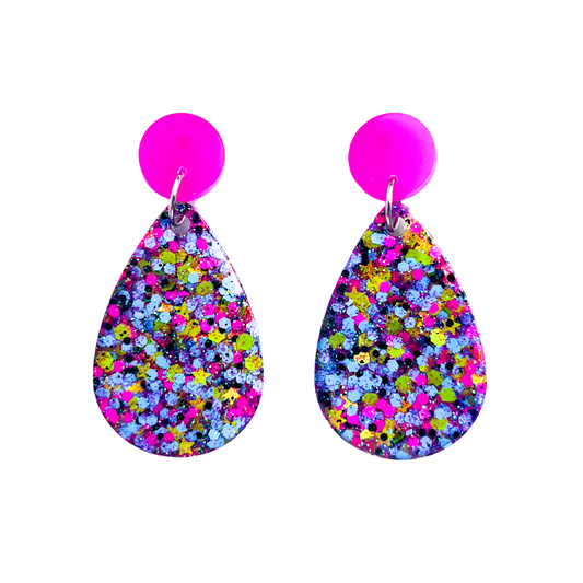 Pink, Black, Blue & Yellow Glitter Teardrop Earrings for Sensitive Ears