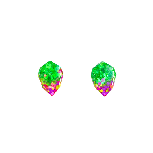 Pink, Purple & Green Glitter Diamond Stud Earrings for Sensitive Ears