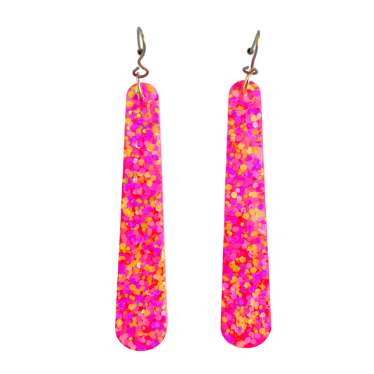 Pink, Purple & Green Glitter Long Dangle Earrings for Sensitive Ears