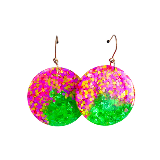 Pink, Purple & Green Glitter Circle Dangle Earrings for Sensitive Ears