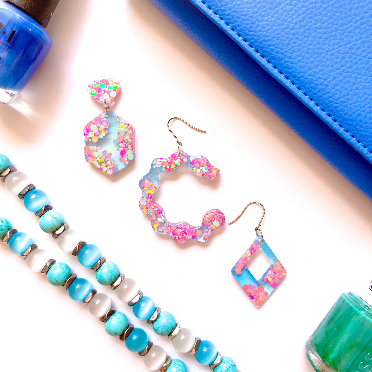 Pink, Peach & Blue Glitter Earrings with Hypoallergenic Niobium NZ