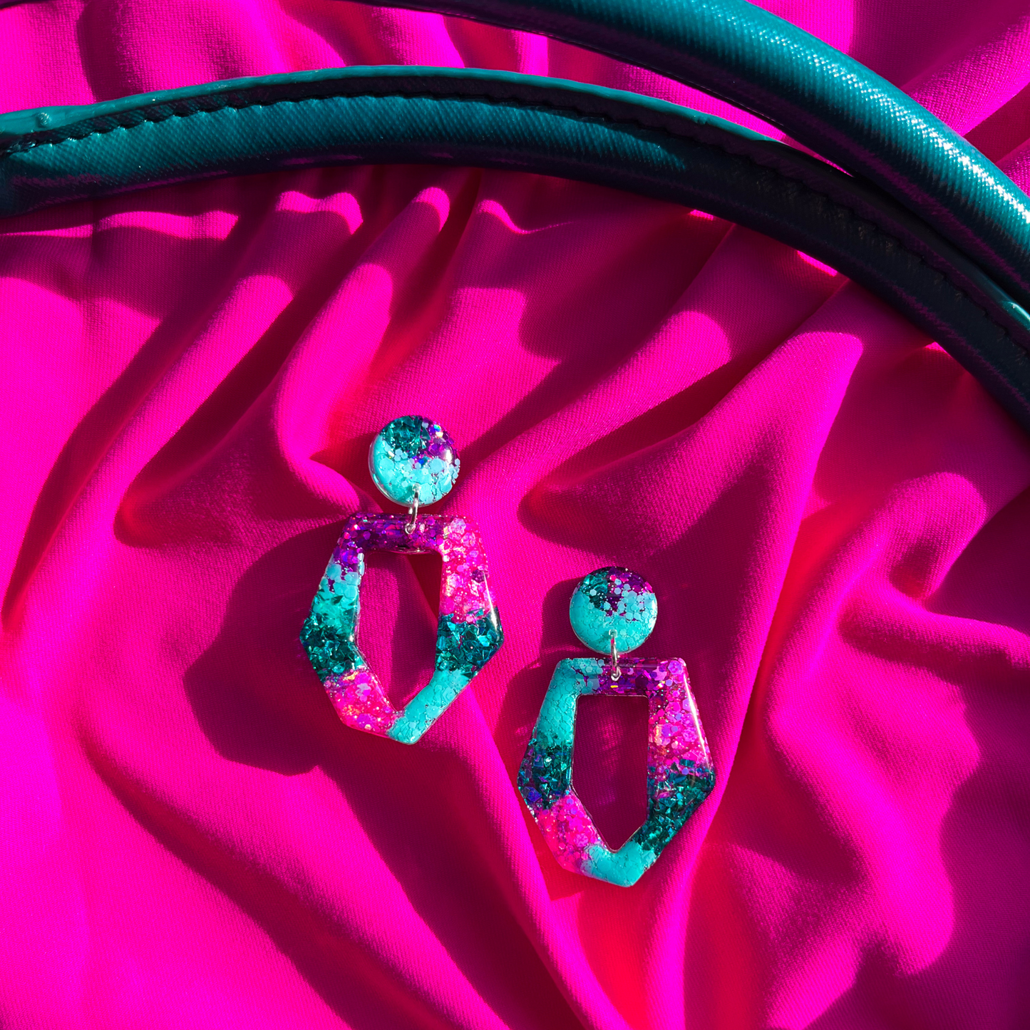 Fuchsia & Turquoise Glitter Diamond Drop Earrings for Sensitive Ears