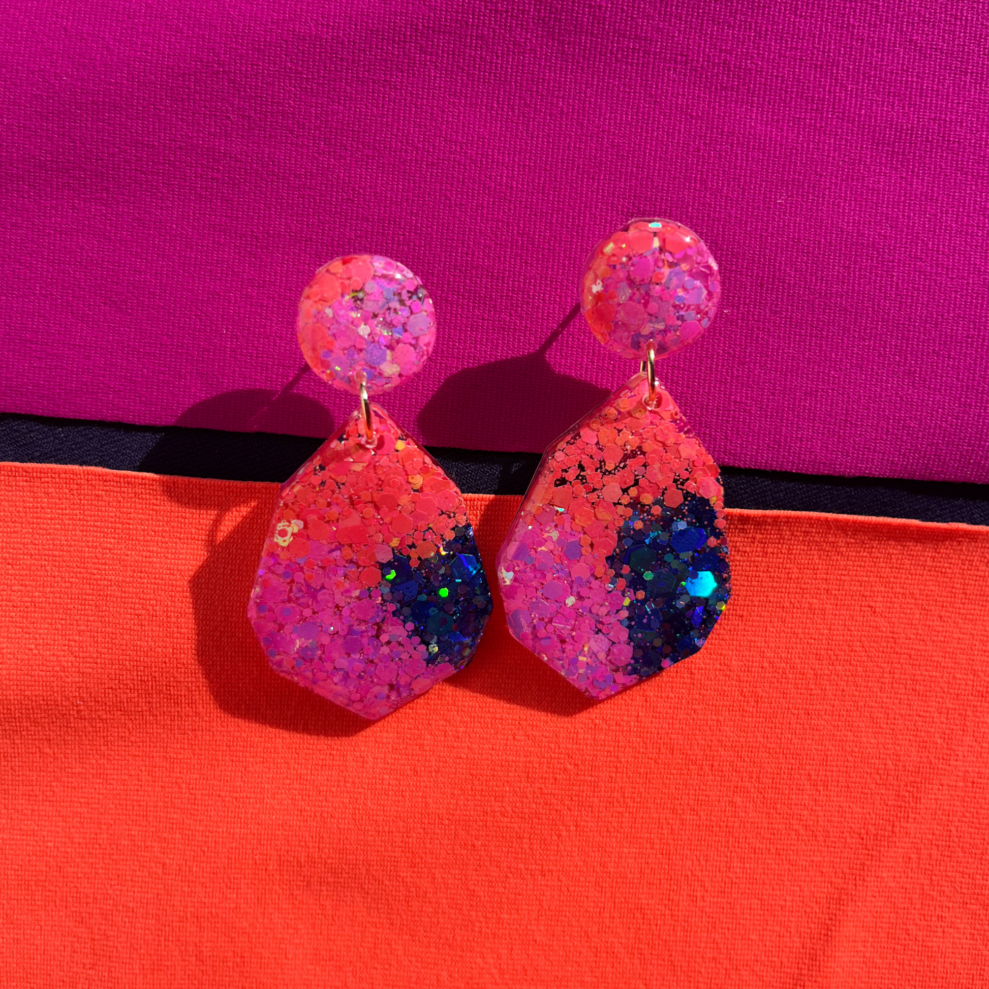 Pink, Coral & Blue Glitter Diamond Drop Earrings for Sensitive Ears