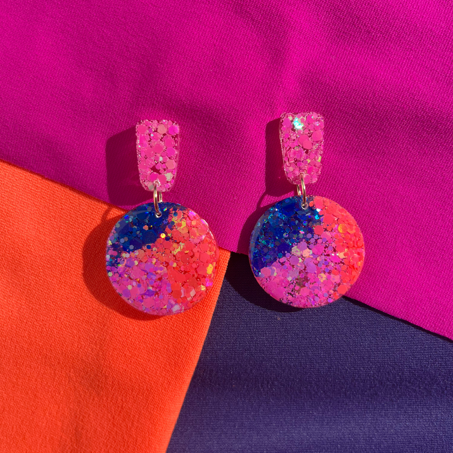 Pink, Coral & Blue Glitter Circle Drop Earrings for Sensitive Ears