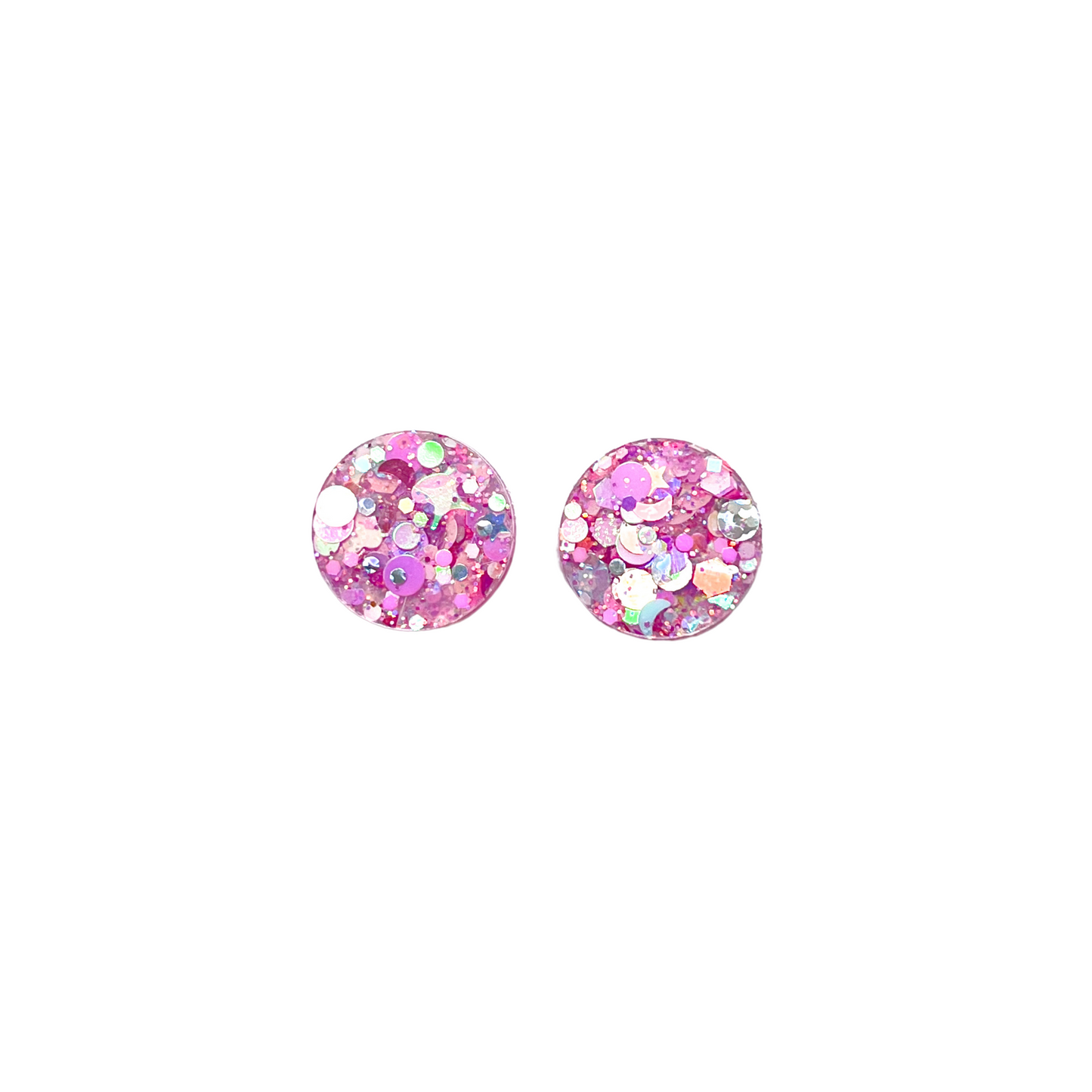 Pink & White Glitter Resin Circle Stud Earrings Titanium Post