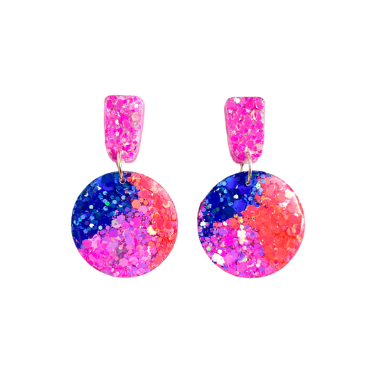 Pink, Coral & Blue Glitter Circle Drop Earrings for Sensitive Ears