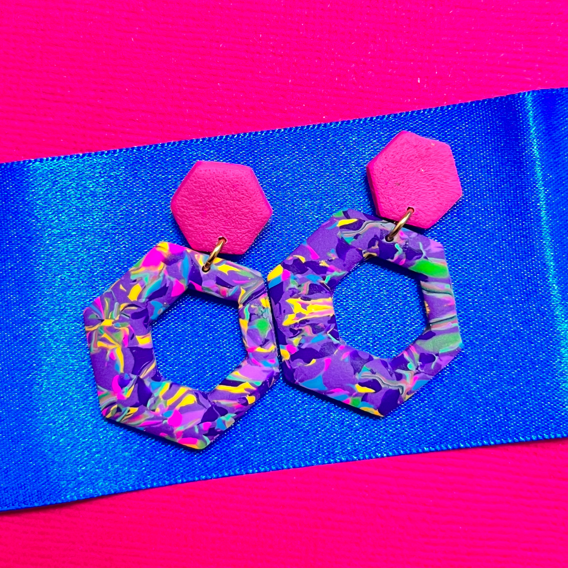 Painted Purple Hexagon Clay Drop Earrings for Sensitive Ears