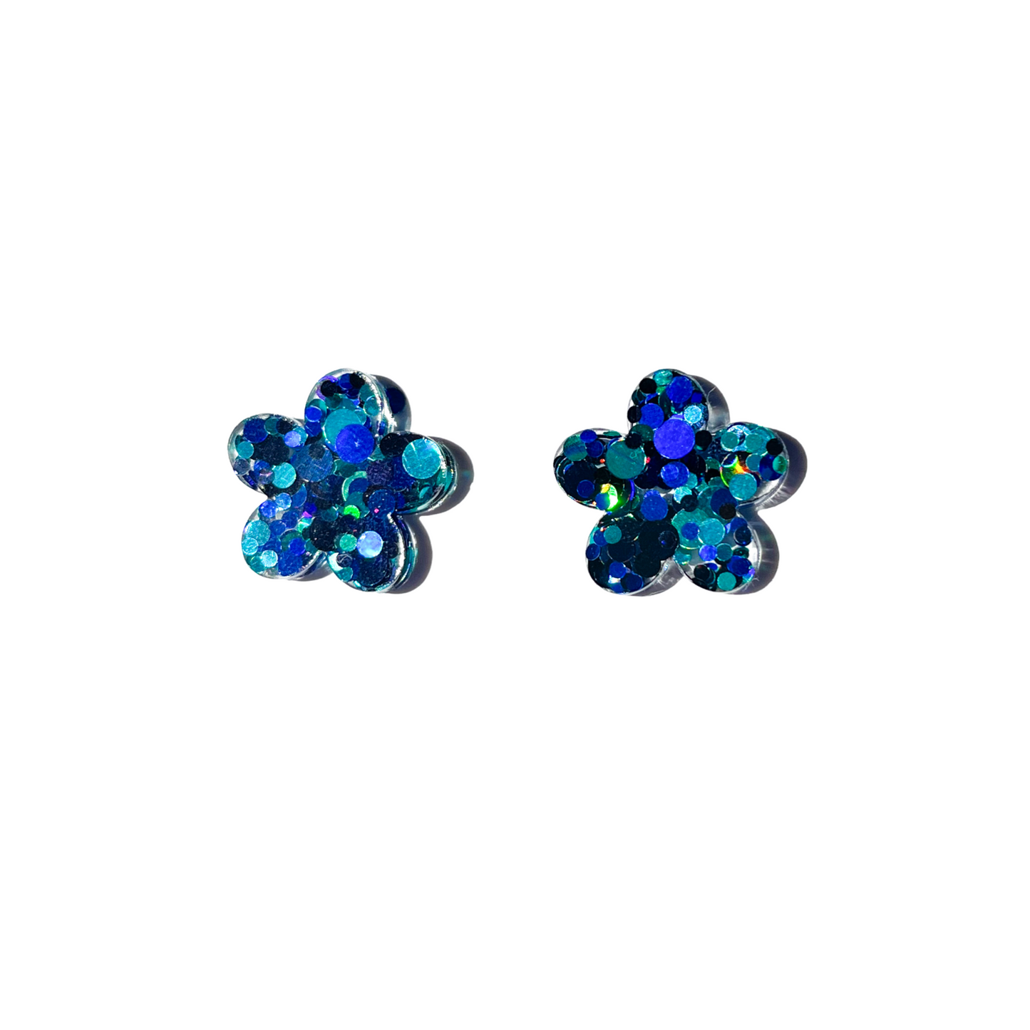 Blue Glitter Resin Flower Stud Earrings Titanium Post