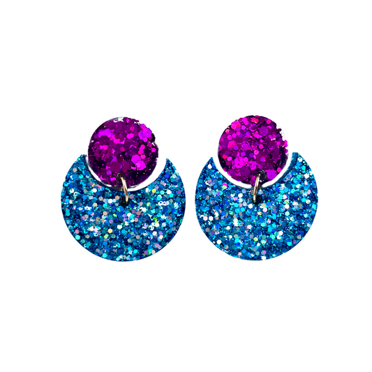Fuchsia, Blue & Silver Glitter Drop Earrings for Sensitive Ears