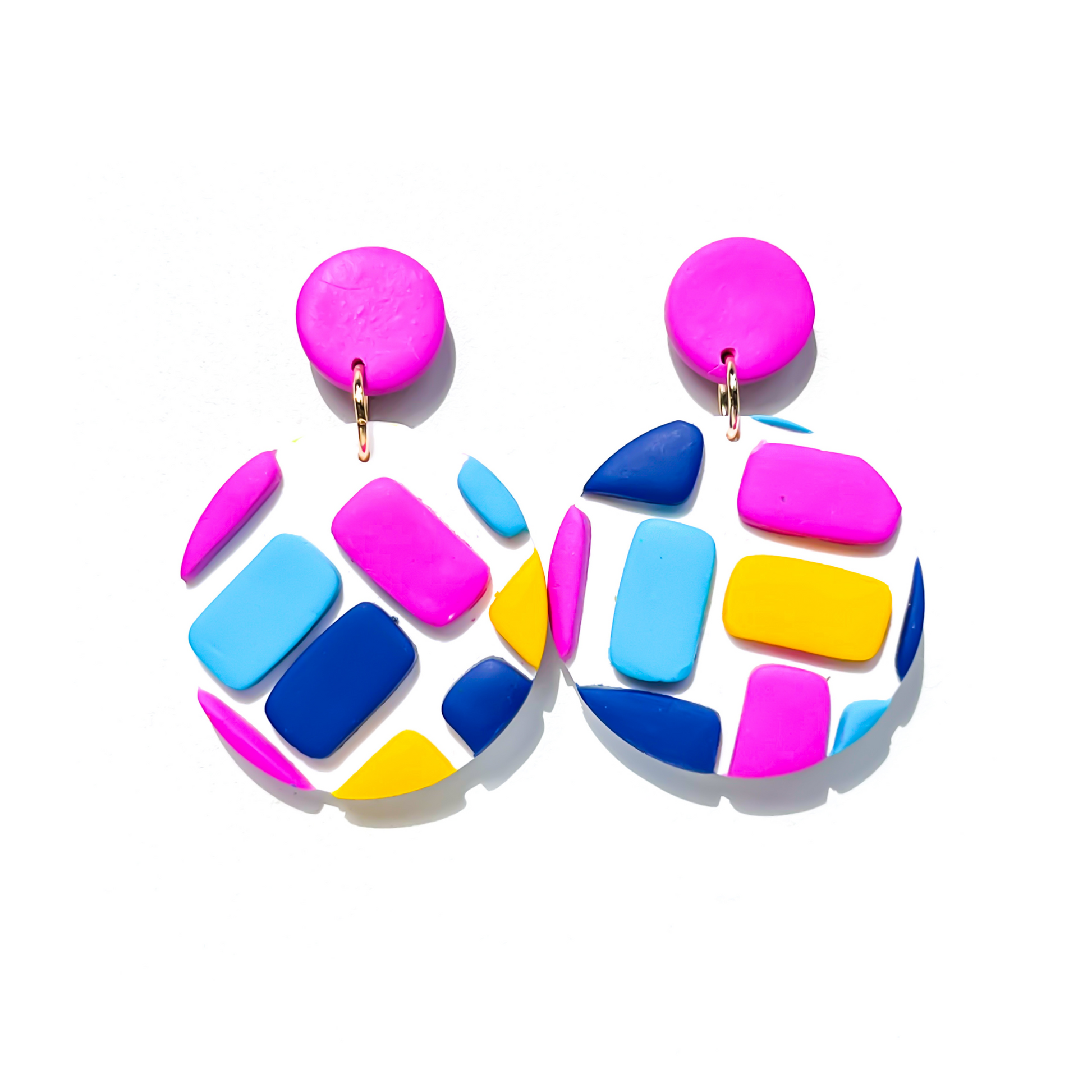 Bright Pink, Blue, Yellow & White Clay Round Drop Earrings for Sensitive Ears