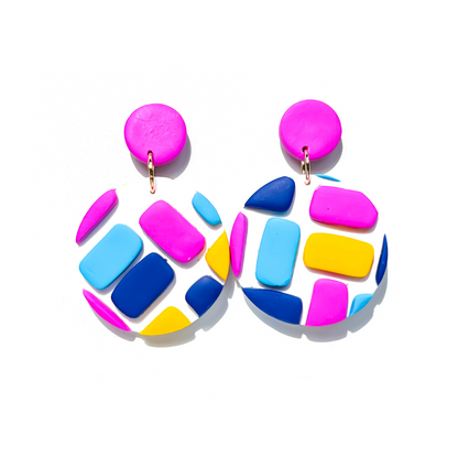 Bright Pink, Blue, Yellow & White Clay Round Drop Earrings for Sensitive Ears