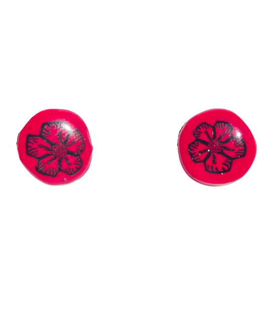 Funky Red Floral Clay Earrings Hypoallergenic Stud Titanium Post NZ
