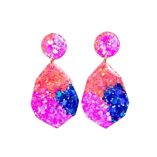Pink, Coral & Blue Glitter Diamond Drop Earrings for Sensitive Ears