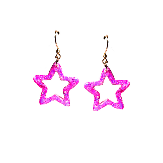 Pink Glitter Star Dangle Earrings for Sensitive Ears
