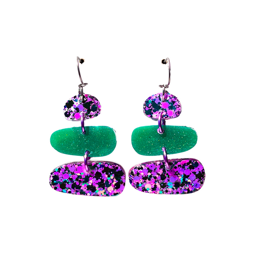 Pink & Green Glitter Dangle Earrings for Sensitive Ears