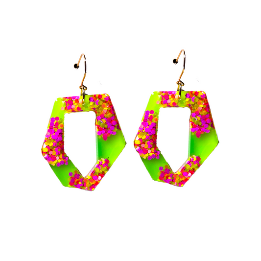 Green, Magenta & Purple Glitter Hexagon Dangle Earrings for Sensitive Ears
