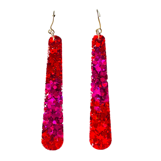 Red & Magenta Glitter Long Dangle Earrings for Sensitive Ears