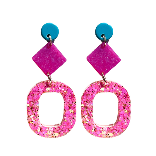 Turquoise, Magenta & Pink Glitter Drop Earrings for Sensitive Ears