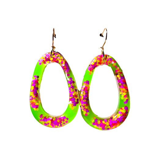 Green, Magenta & Purple Glitter Oval Dangle Earrings for Sensitive Ears