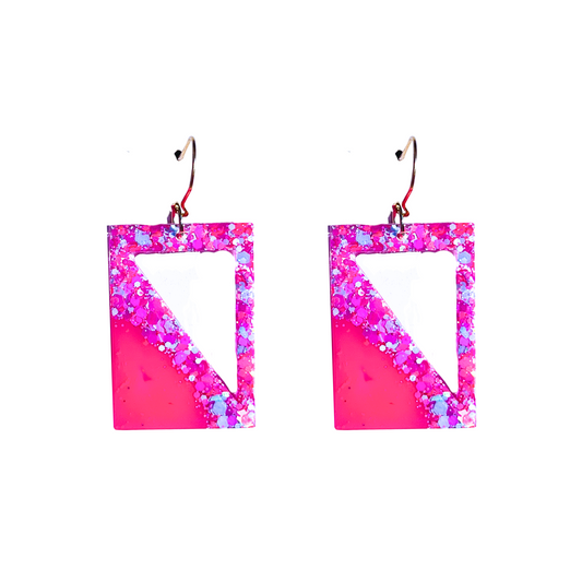 Pink & Blue Glitter Rectangle Dangle Earrings for Sensitive Ears