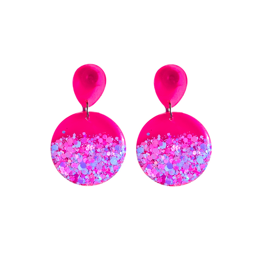 Pink & Blue Glitter Circle Drop Earrings for Sensitive Ears